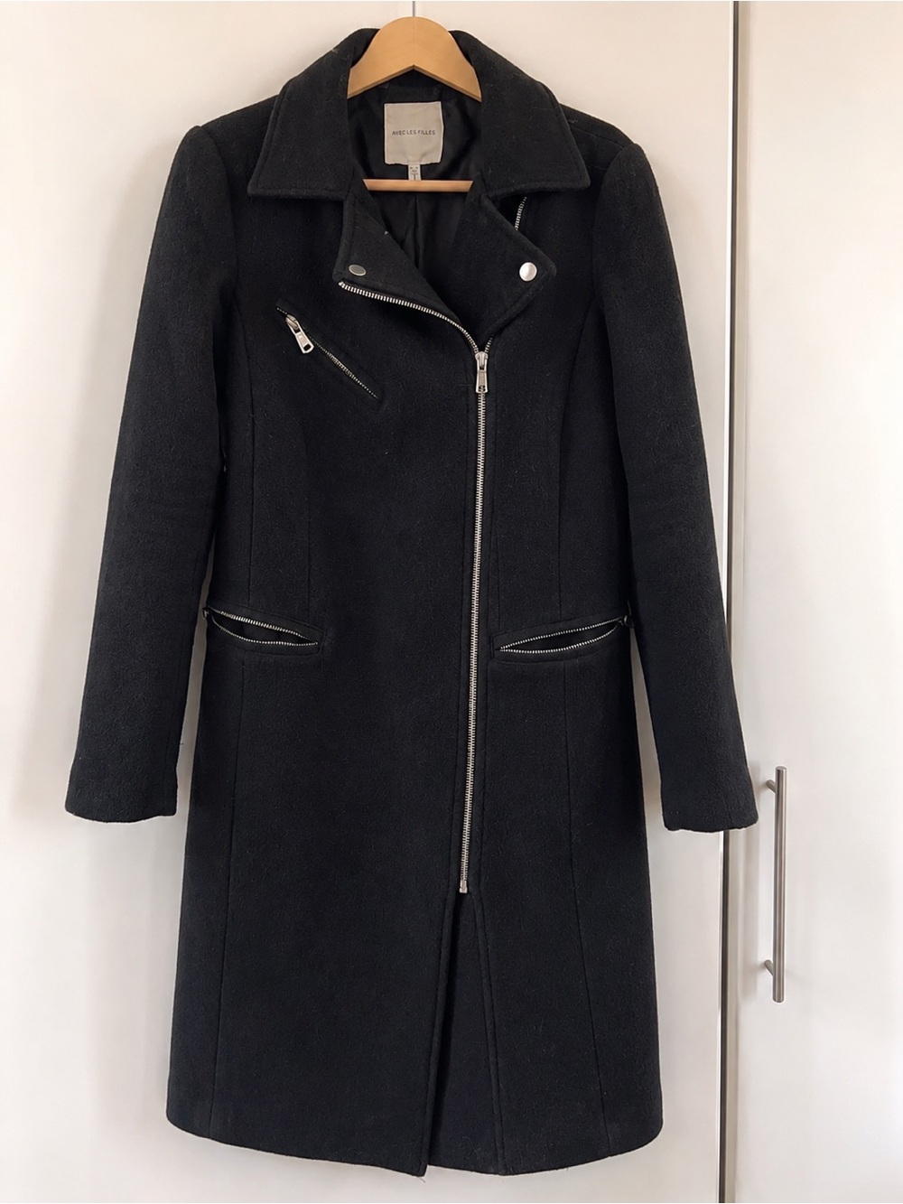 Black Wool-Blend Asymmetrical Zip Trench Coat